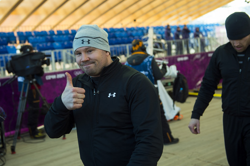 Chris Detrick  |  The Salt Lake Tribune

Bobsled athlete Steven Holcomb gives a thumbs up after a practice run at the Sanki Sliding Center in Rzhanaya Polyana, Russia, before the start of the 2014 Sochi Olympics Thursday February 6, 2014.