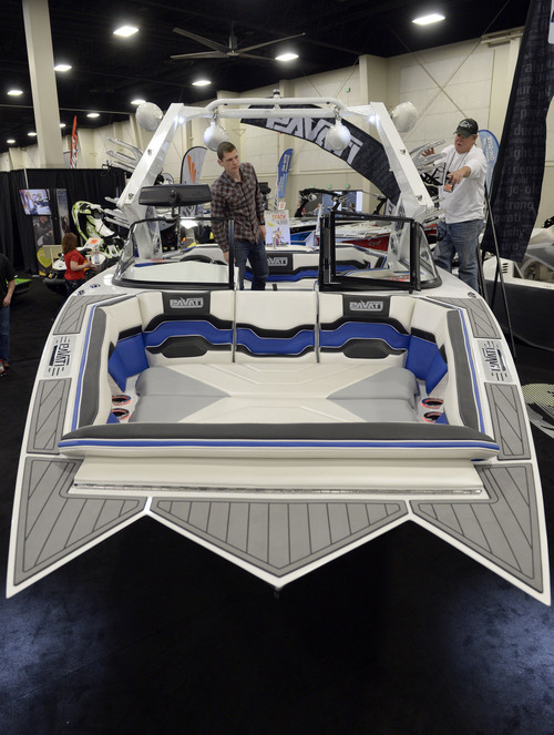 Francisco Kjolseth  |  The Salt Lake Tribune
The first V-Drive wake boarding, fully welded aluminum frame AL24 by Pavati garners much attention during the 60th annual Utah Boat Show as vendors display the latest wares to play on water at the South Towne Expo Center in Sandy on Thursday, Feb. 6, 2014.