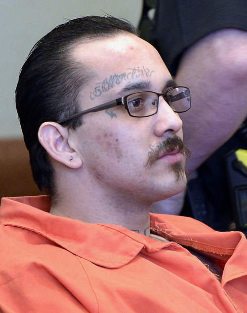 Al Hartmann  |  The Salt Lake Tribune 
David Fresques, charged with aggravated murder for allegedly killing three people at a Midvale home in February 2013 appears in Judge Mark Kouris'  court in West Jordan for his preliminary hearing Thursday February 6.
