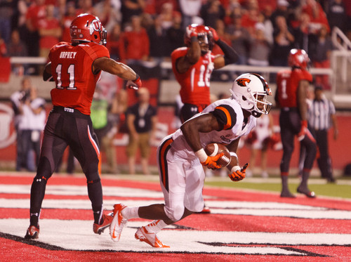 Trent Nelson  |  The Salt Lake Tribune
Oregon State Beavers wide receiver Brandin Cooks (7) celebrates the game-winning touchdown pass as the University of Utah hosts Oregon State, college football at Rice Eccles Stadium Saturday, September 14, 2013 in Salt Lake City.