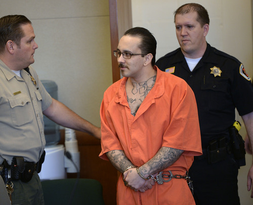 Al Hartmann  |  The Salt Lake Tribune 
David Fresques, charged with aggravated murder for allegedly killing three people at a Midvale home in February 2013 appears in Judge Mark Kouris'  court in West Jordan for his preliminary hearing Thursday February 6, 2014.