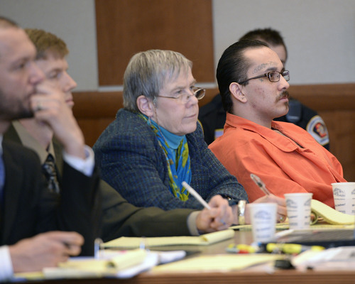 Al Hartmann  |  The Salt Lake Tribune 
David Fresques, right, sits with his defense team during preliminary hearing in Judge Mark Kouris' court in West Jordan Thursday February 6, 2014. Fresques is charged with aggravated murder for allegedly killing three people at a Midvale home in February 2013.