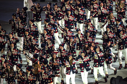 SOCHI, RUSSIA  - JANUARY 7:
Team USA is introduced during the Opening Ceremony of the 2014 Sochi Olympics at Fisht Olympic Stadium Friday February 7, 2014.
(Photo by Chris Detrick/The Salt Lake Tribune)