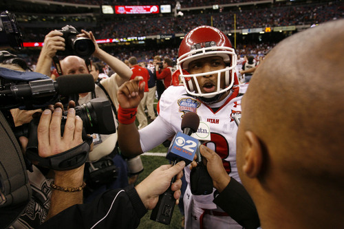 Scott Sommerdorf  |  The Salt Lake Tribune
Utah quarterback Brian Johnson (3) is surrounded by reporters after the Utes defeated Alabama in the 75th annual Sugar Bowl in New Orleans, Friday, January 2, 2009.