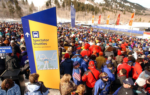 |  Tribune file photo

Thousands of spectators get stuck in long lines to the shuttle buses following the postponement of the women's downhill competition at Snowbasin due to high winds at the start of the run.
