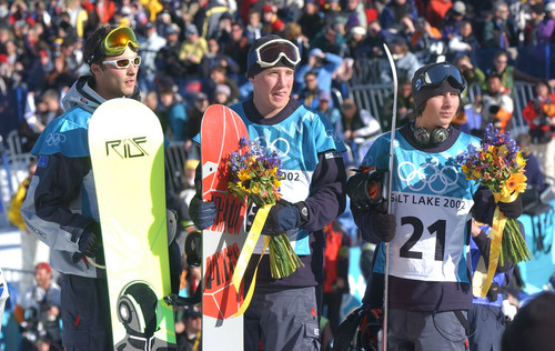 Rick Egan  |  Tribune file photo

The three medal winners from the US, Jarret Thomas,Ross Powers and Danny Kass at the flower ceremony after the mens halfpipe snowboarding competition at park City Mountain Resort.