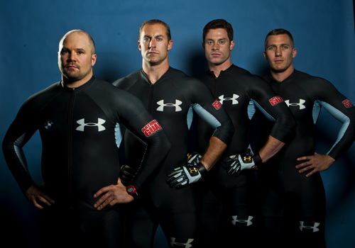 Chris Detrick  |  The Salt Lake Tribune
USA bobsled team Steve Holcomb, Curt Tomasevicz, Steve Langton and Chris Fogt pose for a portrait during the Team USA Media Summit at the Canyons Grand Summit Hotel Monday September 30, 2013.