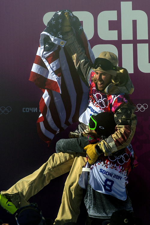 Chris Detrick  |  The Salt Lake Tribune

Silver medalist Staale Sandbech of Norway, holds up gold medalist Sage Kotsenburg, of Park City, following the Men's Slopestyle Finals at the Rosa Khutor Extreme Park during the 2014 Sochi Olympic Games Saturday Feb. 8, 2014. Kotsenburg won the gold medal with a score of 93.50.