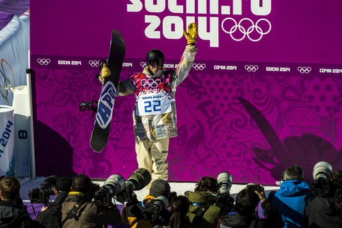 KRASNODAR KRAI, RUSSIA  - JANUARY 8:
Sage Kotsenburg, of Park City, reacts after competing in the Men's Slopestyle Finals at the Rosa Khutor Extreme Park during the 2014 Sochi Olympic Games Saturday February 8, 2014. Kotsenburg won the gold medal with a score of 93.50. 
(Photo by Chris Detrick/The Salt Lake Tribune)