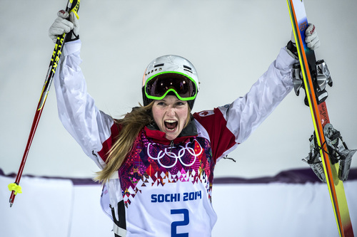 Chris Detrick  |  The Salt Lake Tribune
KRASNAYA POLYANA, RUSSIA  - JANUARY 8:
Justine Dufour-Lapointe, of Canada, celebrates after winning the Ladies' Moguls Finals at Rosa Khutor Extreme Park during the 2014 Sochi Olympic Games Saturday February 8, 2014. Justine Dufour-Lapointe won gold with a score of 22.44. Her sister Chloe Dufour-Lapointe won the silver with a score of 21.66. Hannah Kearney, of USA, won bronze with a score of 21.49.