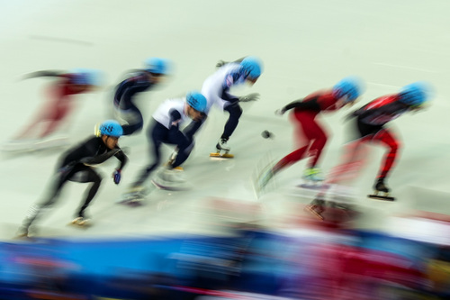 SOCHI, RUSSIA  - JANUARY 10:
Competitors race in the 1,500-meter short-track speedskating finals at Iceberg Skating Palace during the 2014 Sochi Olympic Games Monday February 10, 2014. Charles Hamelin of Canada won the gold medal. (Photo by Chris Detrick/The Salt Lake Tribune)