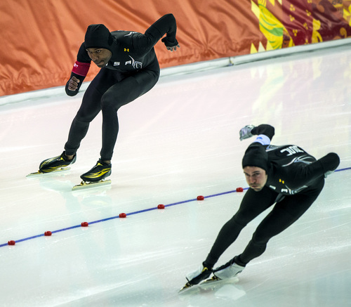 SOCHI, RUSSIA  - JANUARY 10:
Shani Davis, of Chicago, Ill., and Mitch Whitmore, of Waukesha, Wis., compete in the long track men's 500m race at the Adler Arena Skating Center during the 2014 Sochi Olympic Games Monday February 10, 2014. Davis placed 24th with a time of 70.98. Whitmore placed 27th with a time of 71.06. (Photo by Chris Detrick/The Salt Lake Tribune)