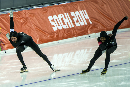 SOCHI, RUSSIA  - JANUARY 10:
Shani Davis, of Chicago, Ill., and Mitch Whitmore, of Waukesha, Wis., compete in the long track men's 500m race at the Adler Arena Skating Center during the 2014 Sochi Olympic Games Monday February 10, 2014. Davis placed 24th with a time of 70.98. Whitmore placed 27th with a time of 71.06. (Photo by Chris Detrick/The Salt Lake Tribune)