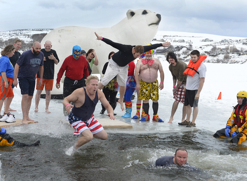 Scott Sommerdorf   |  The Salt Lake Tribune
Participants in the Polar Plunge, including Jerry Morgan (in flag trunks)  raised funds for Utah Special Olympics by jumping into the freezing water of the Hyrum reservoir, in Hyrum, Saturday, Feb. 8, 2014.