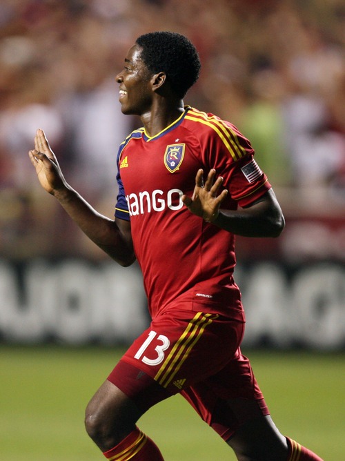 Kim Raff  |  The Salt Lake Tribune
Real Salt Lake forward Olmes Garcia (13) celebrates scoring a goal against the Los Angeles Galaxy during the second half at Rio Tinto Stadium in Salt Lake City on June 8, 2013.  Real went on to win the game 3-1.