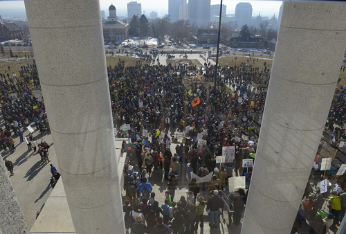 Scott Sommerdorf   |  The Salt Lake Tribune
More than 4,000 people who came to the Utah State Capitol to protest the unhealthy air in Utah can be seen from inside the Capitol building, Saturday, Jan. 25, 2014.
