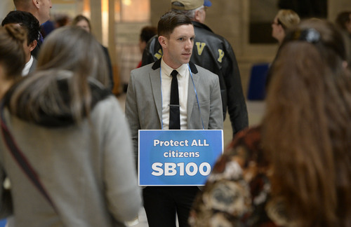 Francisco Kjolseth  |  The Salt Lake Tribune
LGBT activists Kevin Garner gets ready for a stand-in blocking the entrance to the governor's office at the Capitol on Monday, Feb. 9, 2014, in an effort to get anti-discrimination bill SB100 to be heard.