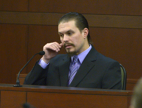 Leah Hogsten  |  The Salt Lake Tribune
North Ogden Police investigator Brandon Dives takes the stand Wednesday, February 12, 2014 in the trial for Eric Millerberg, accused in the 2011 drug-related death of his children's 16-year-old baby sitter. Millerberg, 38, of North Ogden, is charged with first-degree felony child-abuse homicide in the September 2011 death of Alexis "Lexi" Rasmussen. He also is charged with felony counts of obstructing justice, desecrating a body and having unlawful sexual activity with a minor.