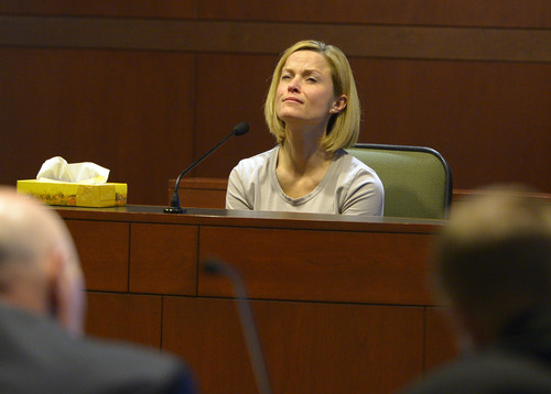 Leah Hogsten  |  The Salt Lake Tribune
Dea Millerberg testifies against her husband, Eric Millerberg, Wednesday, February 12, 2014 in 2nd District Court. Eric Millerberg is accused in the 2011 drug-related death of his childrenís 16-year-old baby sitter. Millerberg, 38, of North Ogden, is charged with first-degree felony child-abuse homicide in the September 2011 death of Alexis "Lexi" Rasmussen. He also is charged with felony counts of obstructing justice, desecrating a body and having unlawful sexual activity with a minor.