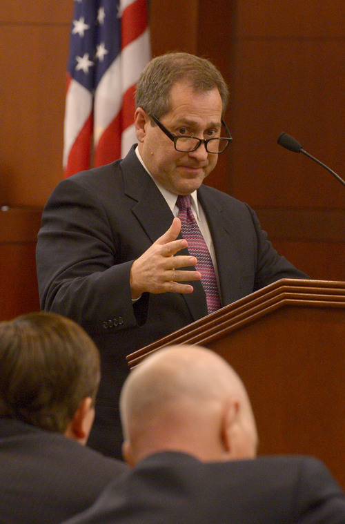Leah Hogsten  |  The Salt Lake Tribune
Defense attorney Randall Marshall during his opening statements Wednesday, February 12, 2014 in the trial for Eric Millerberg, accused in the 2011 drug-related death of his children's 16-year-old baby sitter. Millerberg, 38, of North Ogden, is charged with first-degree felony child-abuse homicide in the September 2011 death of Alexis "Lexi" Rasmussen. He also is charged with felony counts of obstructing justice, desecrating a body and having unlawful sexual activity with a minor.