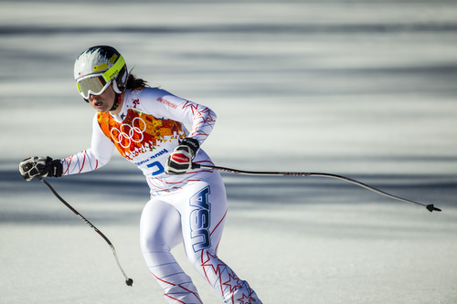 KRASNAYA POLYANA, RUSSIA  - JANUARY 12:
Jacqueline Wiles, of Aurora, OR., competes in the women's downhill race at Rosa Khutor Alpine Center Wednesday February 12, 2014. Wiles finished in 26th place with a time of 1:44.35. 
(Photo by Chris Detrick/The Salt Lake Tribune)