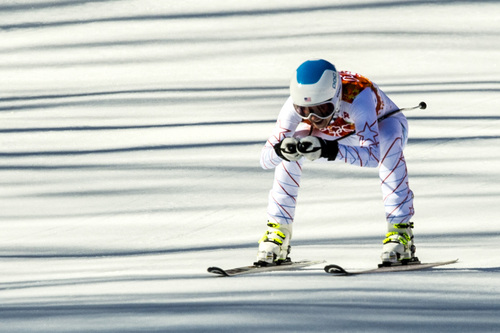 KRASNAYA POLYANA, RUSSIA  - JANUARY 12:
Julia Mancuso, of Squaw Valley, Calif., competes in the women's downhill race at Rosa Khutor Alpine Center Wednesday February 12, 2014. Mancuso finished in 8th place with a time of 1:42.56. 
(Photo by Chris Detrick/The Salt Lake Tribune)