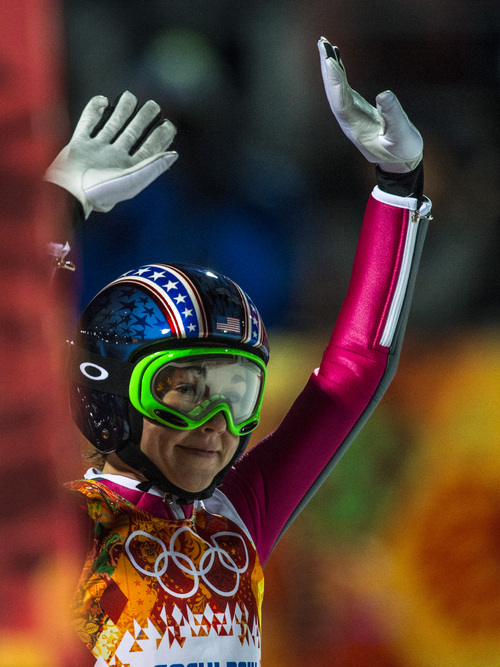 KRASNAYA POLYANA, RUSSIA  - JANUARY 11:
Park City's Sarah Hendrickson waves to the crowd after competing in the women's ski jumping competition at the Gorki Ski Jumping Center during the 2014 Sochi Olympic Games Tuesday February 11, 2014. Hendrickson finished in 21st place with a 217.6.
(Photo by Chris Detrick/The Salt Lake Tribune)