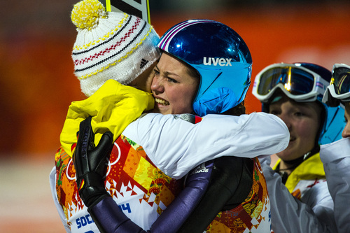 KRASNAYA POLYANA, RUSSIA  - JANUARY 11:
Germany's Carina Vogt celebrates with her  teammates Ulrike Graessler, Katharina Althaus and Gianina Ernst after winning the women's ski jumping competition at the Gorki Ski Jumping Center during the 2014 Sochi Olympic Games Tuesday February 11, 2014. Vogt won the gold medal with a 247.4.
(Photo by Chris Detrick/The Salt Lake Tribune)