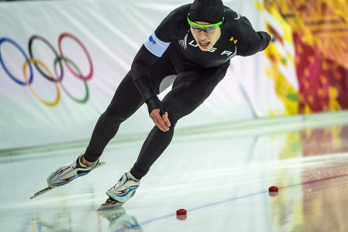 SOCHI, RUSSIA  - JANUARY 12:
Brian Hansen, of Glenview, Ill., competes in the men's 1,000 meter speed skating race at Adler Arena Skating Center during the 2014 Sochi Olympic Games Wednesday February 12, 2014. Hansen finished in ninth place with a time of 1:09.21. 
(Photo by Chris Detrick/The Salt Lake Tribune)