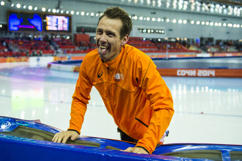 SOCHI, RUSSIA  - JANUARY 12:
Netherlands' Stefan Groothuis celebrates after winning the men's 1,000 meter speed skating race at Adler Arena Skating Center during the 2014 Sochi Olympic Games Wednesday February 12, 2014. Groothuis won the gold with a time of 1:08.39.
(Photo by Chris Detrick/The Salt Lake Tribune)