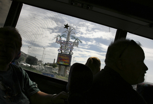 The Wendover Fun Bus passes by the Montego Bay casino in West Wendover, Nev., in this July 2008 photo. 
Salt Lake Tribune photo / Scott Sommerdorf
