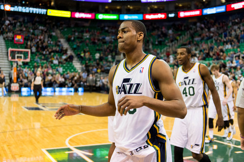 Trent Nelson  |  The Salt Lake Tribune
Utah Jazz point guard Alec Burks (10) walks off the court after the win as the Utah Jazz host the Philadelphia 76ers, NBA basketball at EnergySolutions Arena in Salt Lake City, Wednesday February 12, 2014.