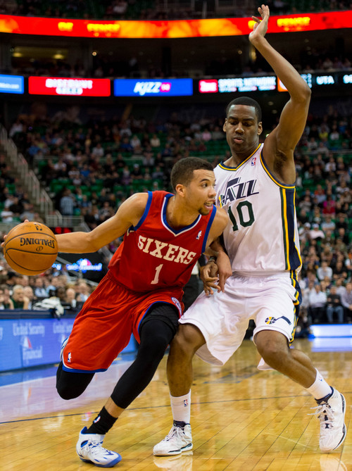 Trent Nelson  |  The Salt Lake Tribune
Philadelphia 76ers point guard Michael Carter-Williams (1) defended by Utah Jazz point guard Alec Burks (10) as the Utah Jazz host the Philadelphia 76ers, NBA basketball at EnergySolutions Arena in Salt Lake City, Wednesday February 12, 2014.