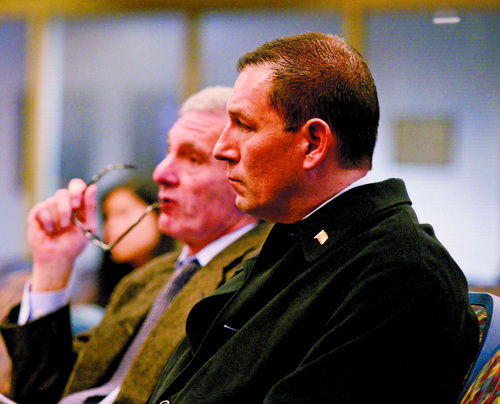 Al Hartmann  |  The Salt Lake Tribune
West Valley City police officer John Coyle, right, appears with his attorney Erik Strindberg at the West Valley City Civil Service Commission Thursday January 16.