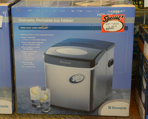 Leah Hogsten  |  The Salt Lake Tribune
A Dometic Portable Ice Maker that makes and stores 33lbs. of ice available in three sizes for $249.99. The Utah Sportsmen's, Vacation & RV Show has plenty of eye-catching interests including RV's, trucks, ATV's, outdoor recreation equipment, RV accessories and dog agility demonstrations, cooking demos, a fly tie theater and Dutch oven cooking demos, Thursday, February 13-16, 2014  at the South Towne Expo Center.