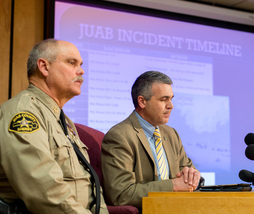 Trent Nelson  |  The Salt Lake Tribune
Juab County Sheriff Alden Orme and Attorney Jared Eldridge announce the results of a review of a Jan. 30 officer-involved shooting at a press conference in Nephi, Friday February 14, 2014.