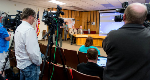 Trent Nelson  |  The Salt Lake Tribune
Juab County Attorney Jared Eldridge and Sheriff Alden Orme announce the results of a review of a Jan. 30 officer-involved shooting at a press conference in Nephi, Friday February 14, 2014.