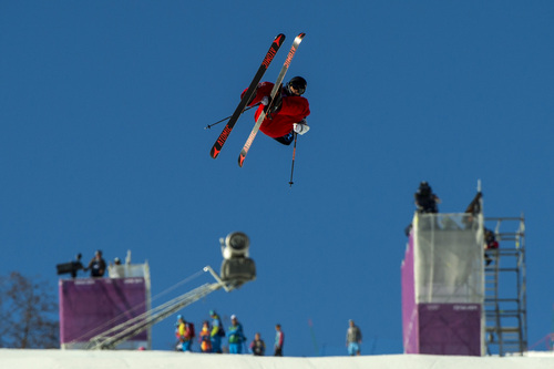 KRASNAYA POLYANA, RUSSIA  - JANUARY 13:
Gus Kenworthy, of Telluride, Colo., competes in the men's ski slopestyle competition at Rosa Khutor Extreme Park during the 2014 Sochi Olympics Thursday February 13, 2014. Joss Christensen, of Park City, Utah, won the gold medal with a score of  95.80. Gus Kenworthy, of Telluride, Colo., won the silver with a 93.60. Nick Goepper, of Lawrenceburg, Ind., won the bronze with a 92.40. It marked only the third time that the United States has swept the medals in an Olympic Winter Games event.
(Photo by Chris Detrick/The Salt Lake Tribune)