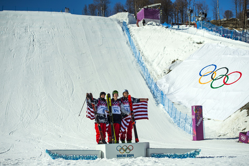 KRASNAYA POLYANA, RUSSIA  - JANUARY 13:
Gus Kenworthy, left, Joss Christensen, center, and Nick Goepper celebrate after the men's ski slopestyle competition at Rosa Khutor Extreme Park during the 2014 Sochi Olympics Thursday February 13, 2014. Joss Christensen, of Park City, Utah, won the gold medal with a score of  95.80. Gus Kenworthy, of Telluride, Colo., won the silver with a 93.60. Nick Goepper, of Lawrenceburg, Ind., won the bronze with a 92.40. It marked only the third time that the United States has swept the medals in an Olympic Winter Games event.
(Photo by Chris Detrick/The Salt Lake Tribune)