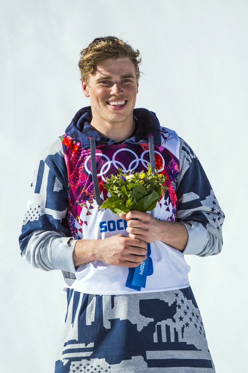 KRASNAYA POLYANA, RUSSIA  - JANUARY 13:
Gus Kenworthy celebrates after the men's ski slopestyle competition at Rosa Khutor Extreme Park during the 2014 Sochi Olympics Thursday February 13, 2014. Joss Christensen, of Park City, Utah, won the gold medal with a score of  95.80. Gus Kenworthy, of Telluride, Colo., won the silver with a 93.60. Nick Goepper, of Lawrenceburg, Ind., won the bronze with a 92.40. It marked only the third time that the United States has swept the medals in an Olympic Winter Games event.
(Photo by Chris Detrick/The Salt Lake Tribune)