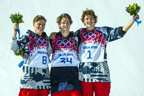KRASNAYA POLYANA, RUSSIA  - JANUARY 13:
Gus Kenworthy, left, Joss Christensen, center, and Nick Goepper celebrate after the men's ski slopestyle competition at Rosa Khutor Extreme Park during the 2014 Sochi Olympics Thursday February 13, 2014. Joss Christensen, of Park City, Utah, won the gold medal with a score of  95.80. Gus Kenworthy, of Telluride, Colo., won the silver with a 93.60. Nick Goepper, of Lawrenceburg, Ind., won the bronze with a 92.40. It marked only the third time that the United States has swept the medals in an Olympic Winter Games event.
(Photo by Chris Detrick/The Salt Lake Tribune)