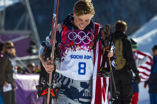 KRASNAYA POLYANA, RUSSIA  - JANUARY 13:
Gus Kenworthy walks from the flower ceremony after the men's ski slopestyle competition at Rosa Khutor Extreme Park during the 2014 Sochi Olympics Thursday February 13, 2014. Joss Christiensen, of Park City, Utah, won the gold medal with a score of  95.80. Gus Kenworthy, of Telluride, Colo., won the silver with a 93.60. Nick Goepper, of Lawrenceburg, Ind., won the bronze with a 92.40. It marked only the third time that the United States has swept the medals in an Olympic Winter Games event.
(Photo by Chris Detrick/The Salt Lake Tribune)