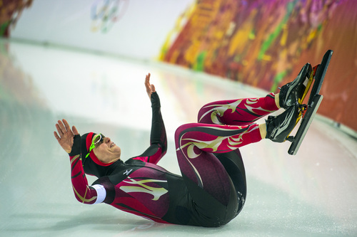 SOCHI, RUSSIA  - JANUARY 13:
Germany's Monique Angermüller falls while competing in the women's 1,000 meter speed skating race at Adler Arena Skating Center in the during the 2014 Sochi Olympics Thursday February 13, 2014. 
(Photo by Chris Detrick/The Salt Lake Tribune)