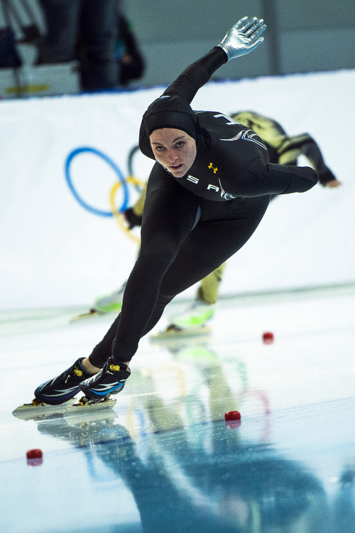 SOCHI, RUSSIA  - JANUARY 13:
Heather Richardson, of Salt Lake City, competes in the women's 1,000 meter speed skating race at Adler Arena Skating Center in the during the 2014 Sochi Olympics Thursday February 13, 2014. Richardson finished in seventh place with a time of 1:15.23. 

(Photo by Chris Detrick/The Salt Lake Tribune)