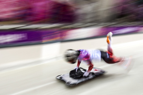 KRASNAYA POLYANA, RUSSIA  - JANUARY 13:
Canada's Sarah Reid competes in the women's skeleton at the Sanki Sliding Center during the 2014 Sochi Olympics Thursday February 13, 2014. 
(Photo by Chris Detrick/The Salt Lake Tribune)
