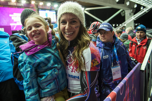 KRASNAYA POLYANA, RUSSIA  - JANUARY 14:
Noelle Pikus-Pace and her daughter Lacee, 6, after winning the silver medal in the women's skeleton competition at Sanki Sliding Center during the 2014 Sochi Olympics Friday February 14, 2014. Pikus-Pace finished with a time of 3:53.86.
(Photo by Chris Detrick/The Salt Lake Tribune)
