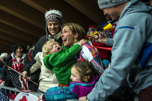 KRASNAYA POLYANA, RUSSIA  - JANUARY 14:
Noelle Pikus-Pace celebrates with her family; son Traycen, 2, daughter Lacee, 6, husband Janson, right, and her brother Jared Pikus, left, after winning the silver medal in the women's skeleton competition at Sanki Sliding Center during the 2014 Sochi Olympics Friday February 14, 2014. Pikus-Pace finished with a time of 3:53.86.
(Photo by Chris Detrick/The Salt Lake Tribune)