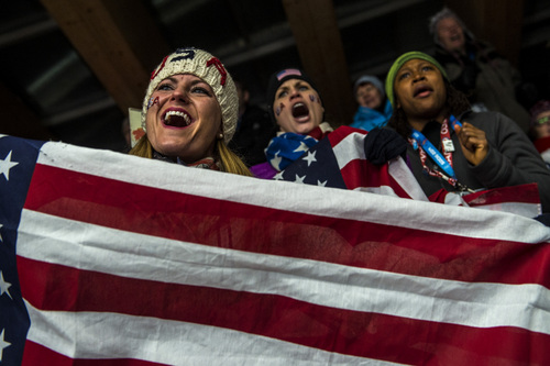 KRASNAYA POLYANA, RUSSIA  - JANUARY 14:
Skeleton athletes Blair Tomten, Morgan Tracey and bobsled athlete Lauryn Williams cheer on fellow American Katie Uehlander, of Breckenridge, Colo., as she competes during the women's skeleton competition at Sanki Sliding Center during the 2014 Sochi Olympics Friday February 14, 2014. Uehlander finished in fourth place with a time of 3:54.34.
(Photo by Chris Detrick/The Salt Lake Tribune)