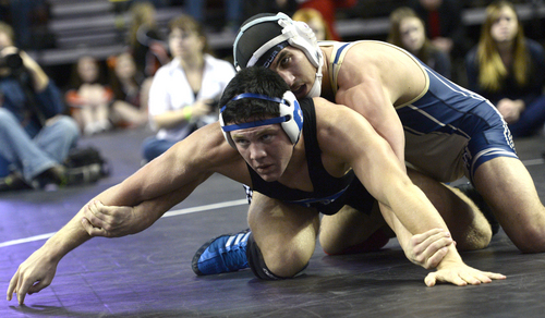 Rick Egan  | The Salt Lake Tribune 

Kenner French of Herriman (top) wrestles
Bailey Carlson of Pleasant Grove (bottom) in the 160 lb. weight class, in 5A High School State Wrestling finals at the Maverick Center, Saturday, February 15, 2014. French won the match.