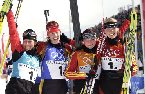 Al Hartmann | Tribune file photo
Germany's winning foursome in the Women's 4x7.5K biathlon relay during the 2002 Winter Olympics, (l to r) Uschi Disl, Kati Wilhelm, Andrea Henkel, and Katrin Apel.